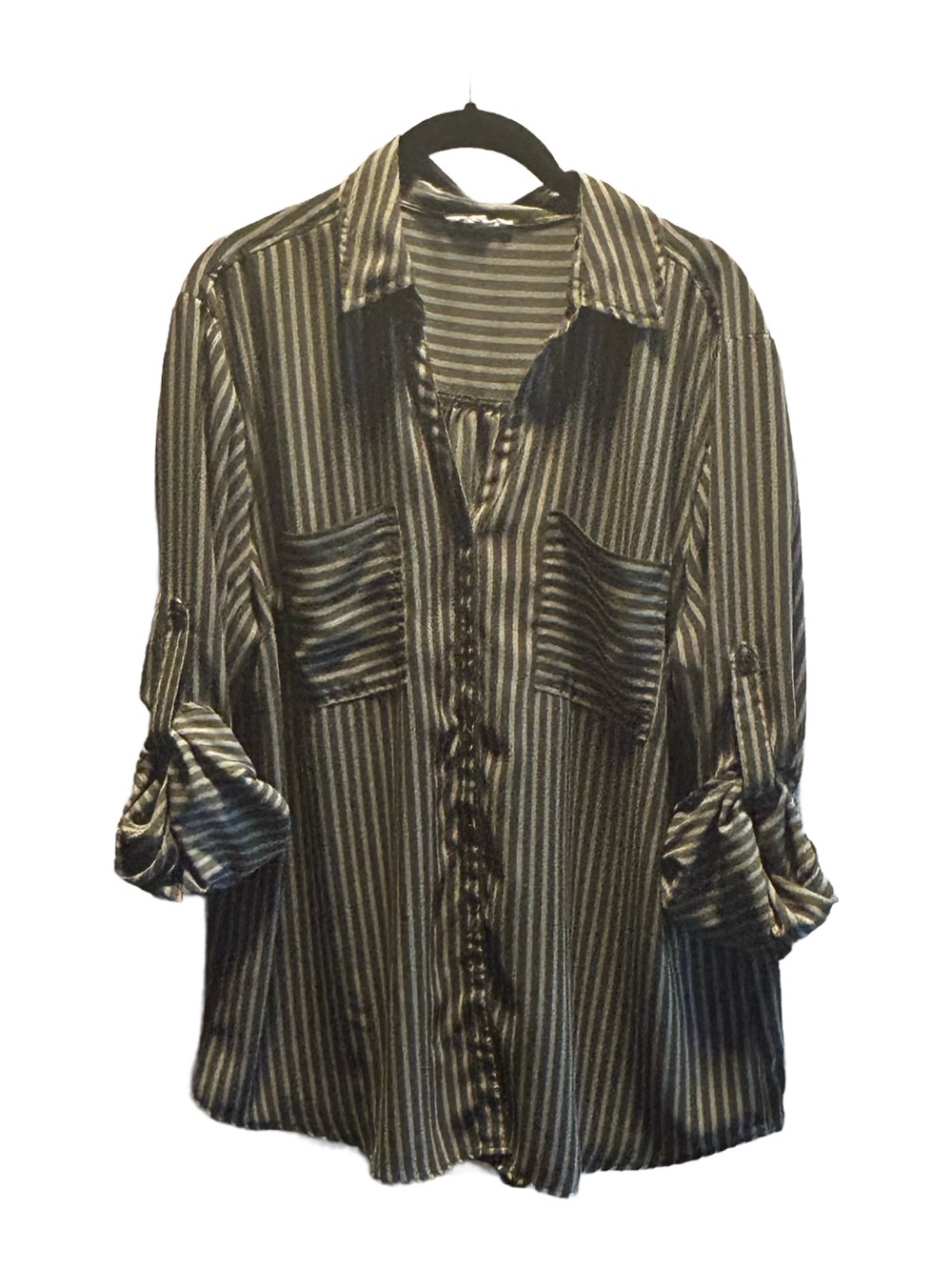 Striped Button-Front Roll-Sleeve Blouse in Green and White